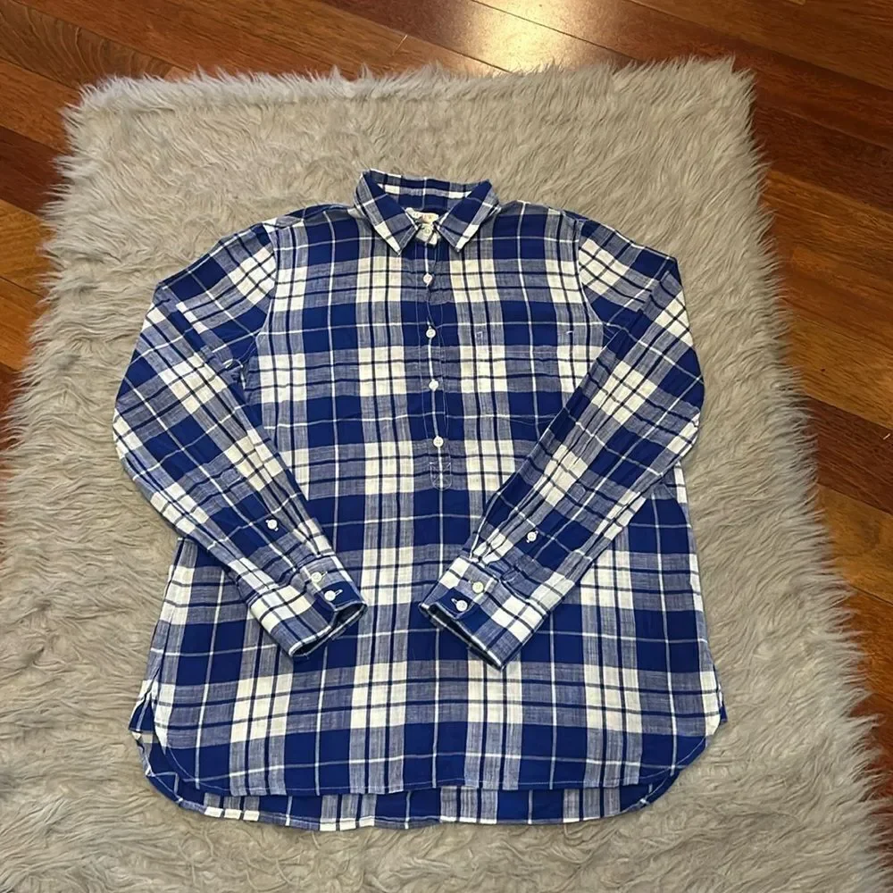 Jcrew‎ women’s blue and white cotton plaid quarter button tunic